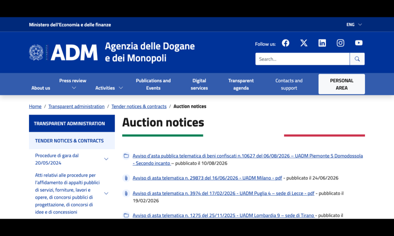 Agenzia delle Dogane e dei Monopoli — Auction Notices — homepage